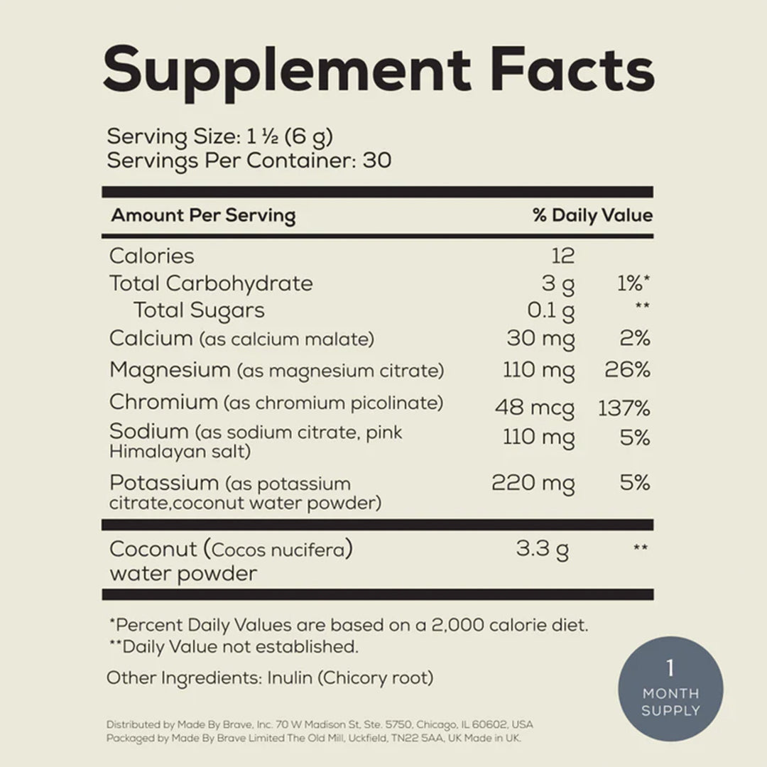 Ancient + Brave | True Hydrate | Supplement Facts Panel Jar - supplement facts panel showing serving size, electrolyte and mineral content, coconut water powder, and other ingredients