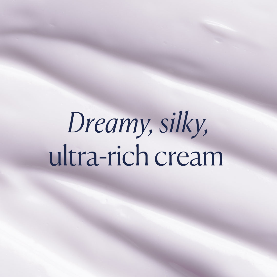 OSEA | Dream Night Cream with Bio-Retinol | Swatch - Close-up texture of cream with text describing the cream as dreamy, silky, and ultra-rich