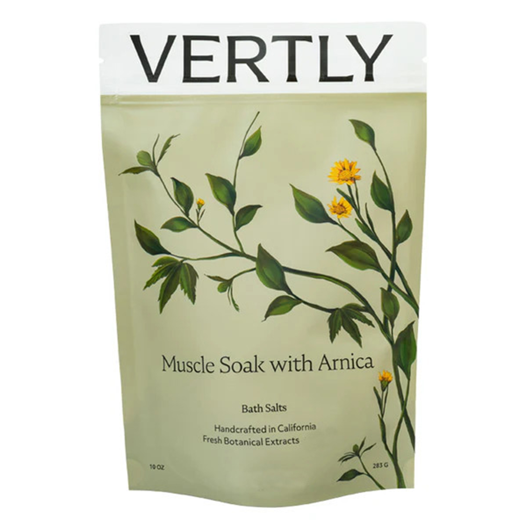 Vertly | Muscle Soak Bath Salts | Product Image - bath salts in a pouch with botanical illustration on a white background