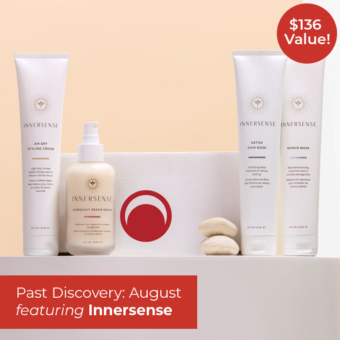 August Innersense Past Discovery Image | $136 value | Group product shot on peach background with red $136 value sticker 