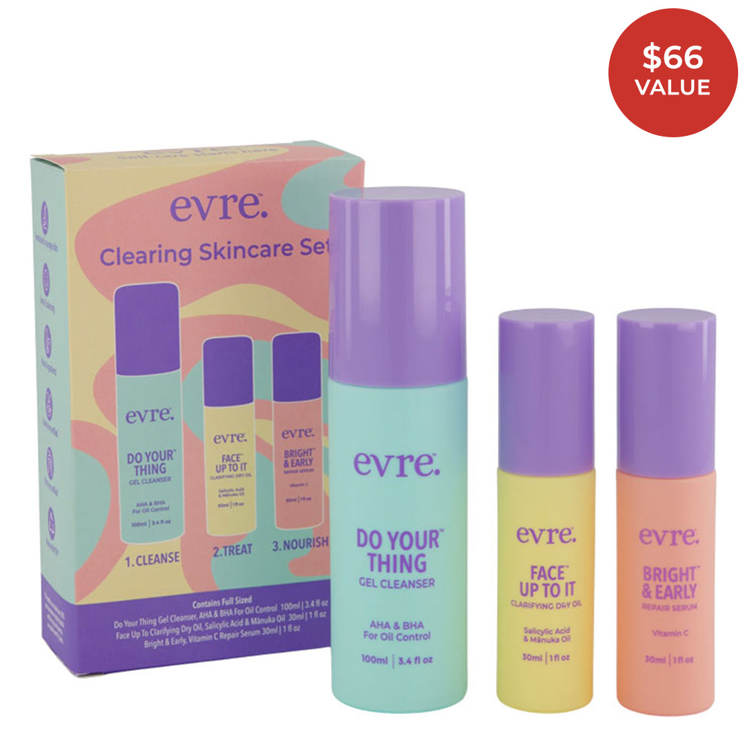 evre. | Clearing Skincare Set | Product Image with Red Sticker - three pastel-colored skincare bottles featuring a gel cleanser, clarifying dry oil, and repair serum alongside their colorful packaging on a white background, with a $66 value badge