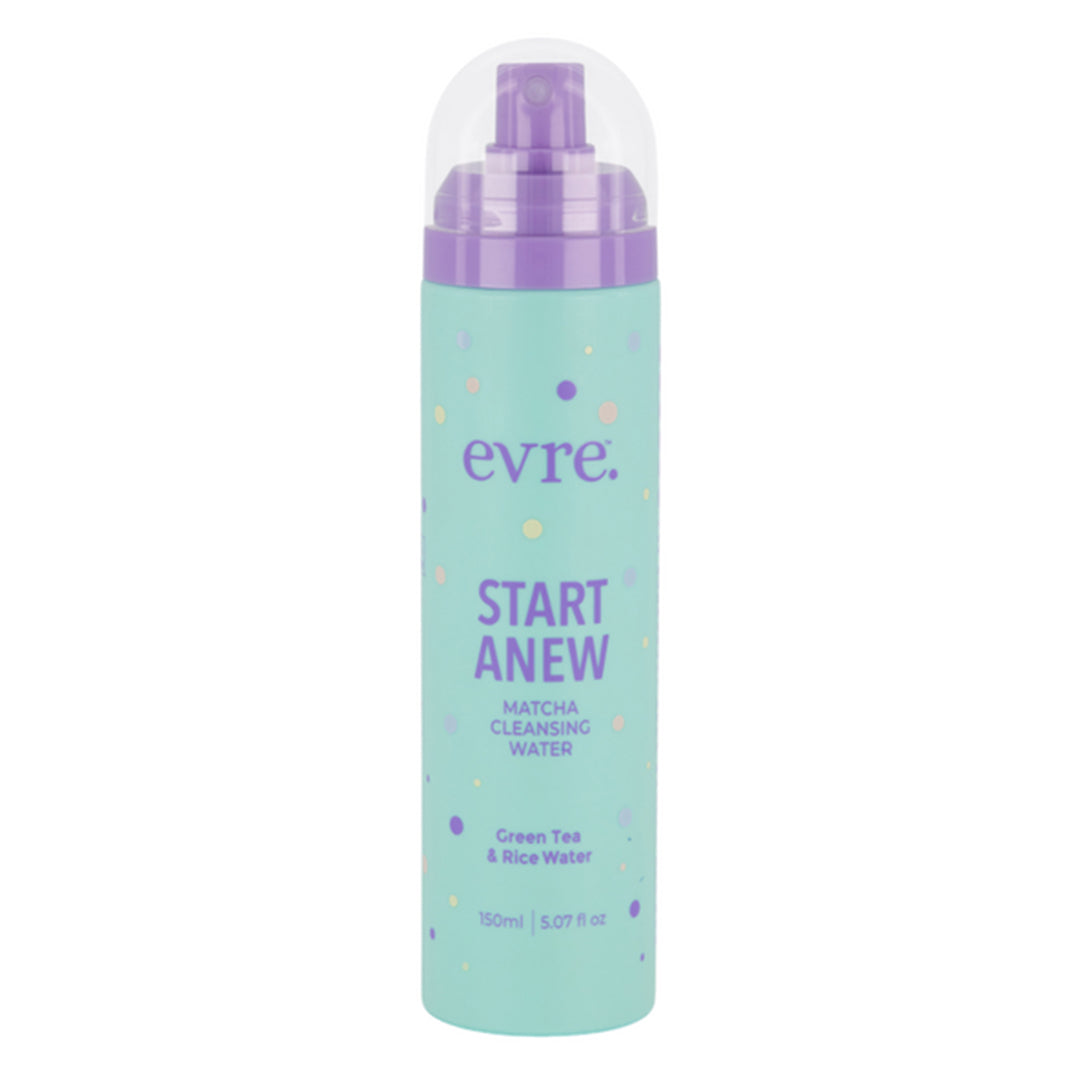 evre. | Start Anew Matcha Cleansing Water | Product Image - aqua bottle with purple pump on a white background