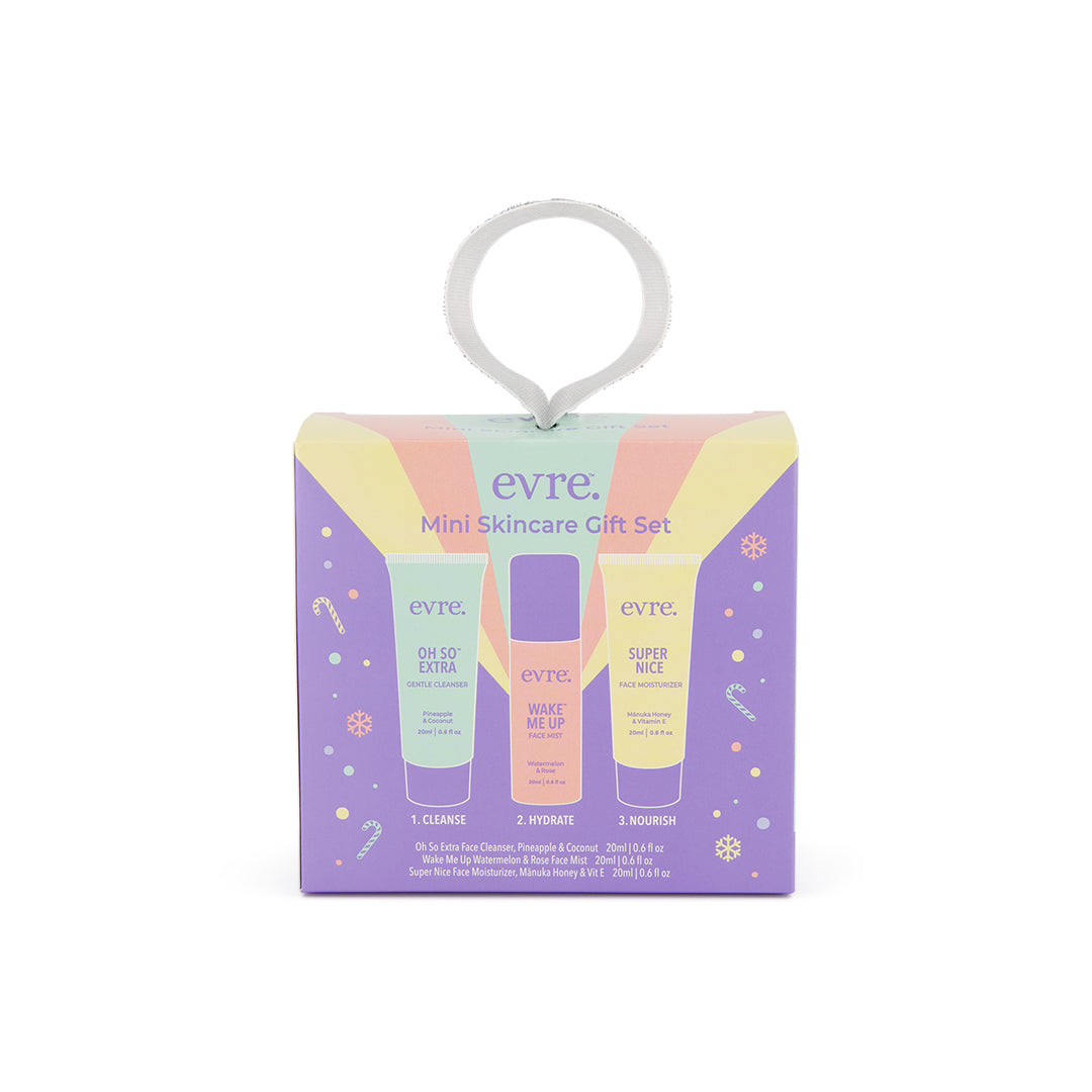 evre | Mini Skincare Gift Set | Packaging Image - evre Mini Skincare Gift Set in colorful holiday packaging on a white background