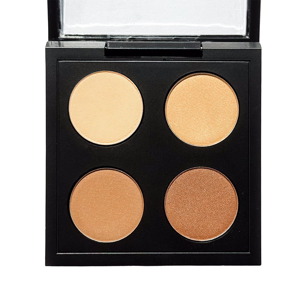 withSimplicity | Color Theory - Blue Eye Palette | Product Image - open black eyeshadow palette featuring four warm shades of peach, coral, tan, and bronze on a white background