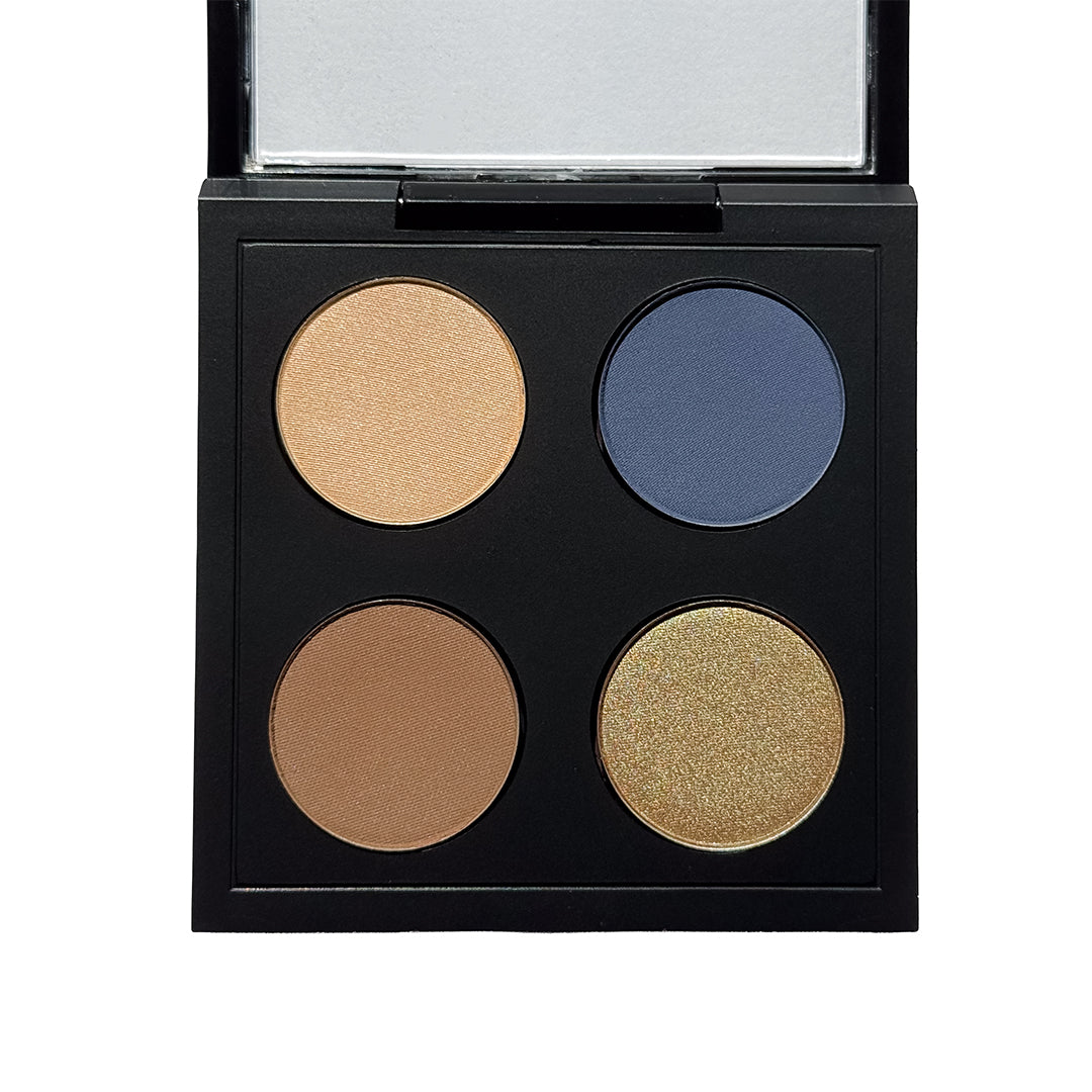 withSimplicity | Color Theory - Brown Eye Palette | Product Image - open black eyeshadow palette featuring four shades of champagne gold, slate blue, matte brown, and shimmering gold on a white background