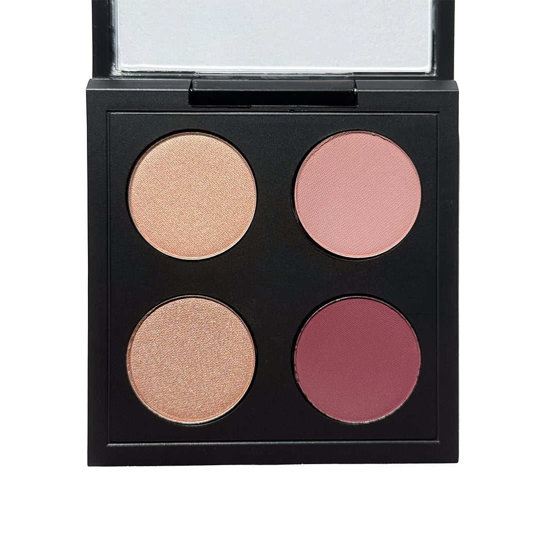 withSimplicity | Color Theory - Green Eye Palette | Product Image - open black eyeshadow palette featuring four shades of shimmering champagne, dusty pink, rose gold, and deep plum on a white background