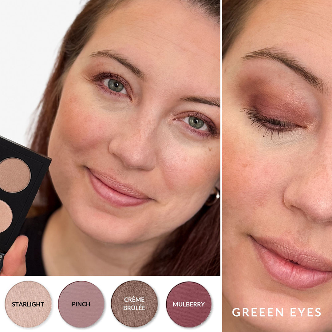 withSimplicity | Color Theory Eye Palettes | Green-Eyes Shade Image - model wearing the Green Eyes palette with shade swatches
