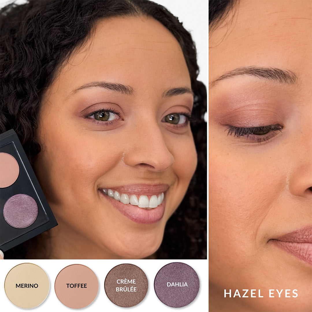 withSimplicity | Color Theory Eye Palettes | Hazel-Eyes Shade Image - model wearing the Hazel Eyes palette with shade swatches