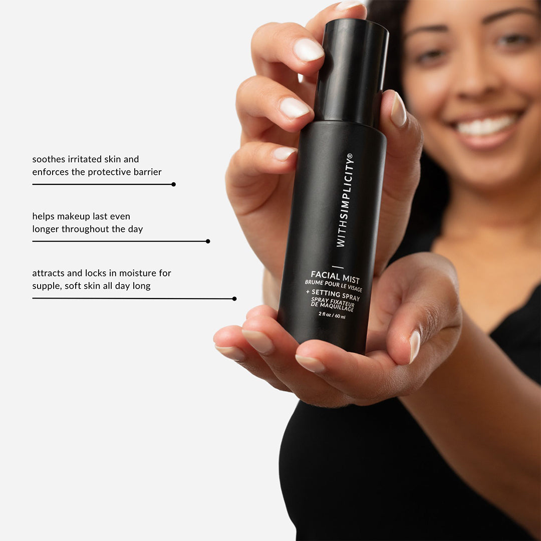 withSimplicity | Facial Mist + Setting Spray | Benefits Graphic - model holding the bottle and product benefit text