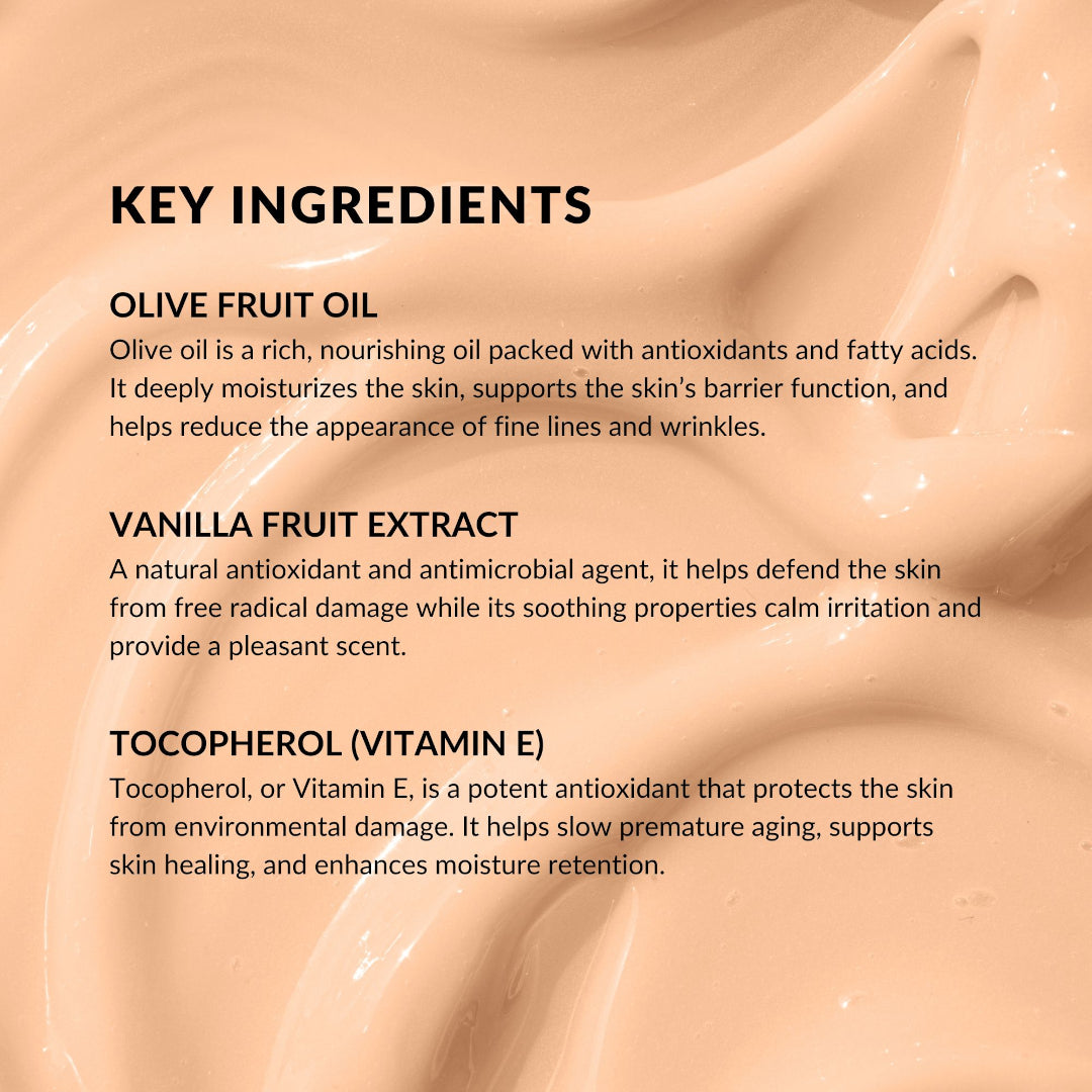 withsimplicity | Liquid Concealers | Key ingredients Image - graphic featuring olive fruit oil, vanilla fruit extract, and tocopherol (vitamin E) over a beige cream texture background